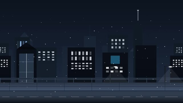 Minimalist city skyline illustration at night with falling snow, skyscrapers moon and light trails. City parallax motion loop