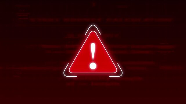 Alert triangle animation glitches with warning text on black. Urgent cybersecurity danger notices trigger on alert triangle. Critical system failure notifications flash alert triangle.