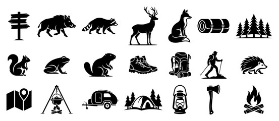 Obraz premium Camping and forest wildlife silhouette icon set for hiking adventure isolated on white background vector