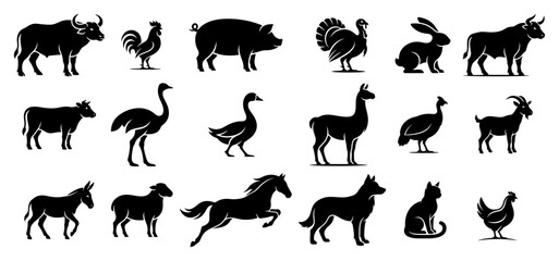 Fototapeta premium Farm animals and livestock silhouette collection isolated on white background vector illustration