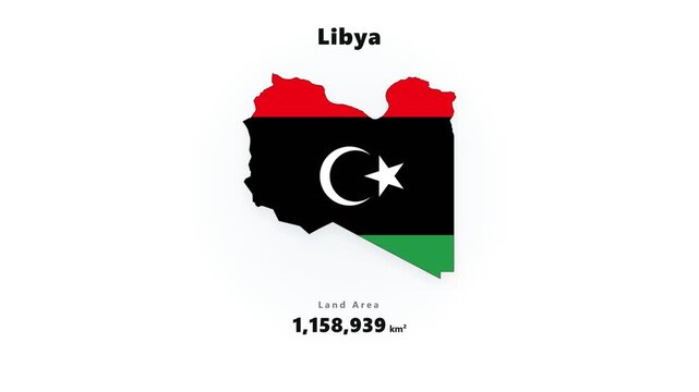 Libya map silhouette filled with red black green flag stripes, with white crescent and star emblem centered on clean white background