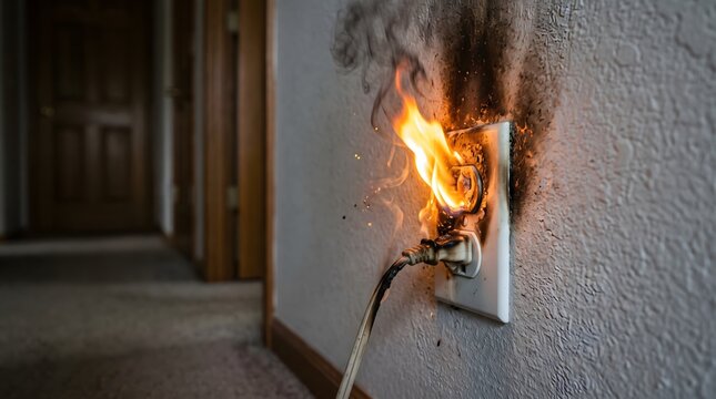 Electrical wall outlet catching fire from overloaded power cord plug.