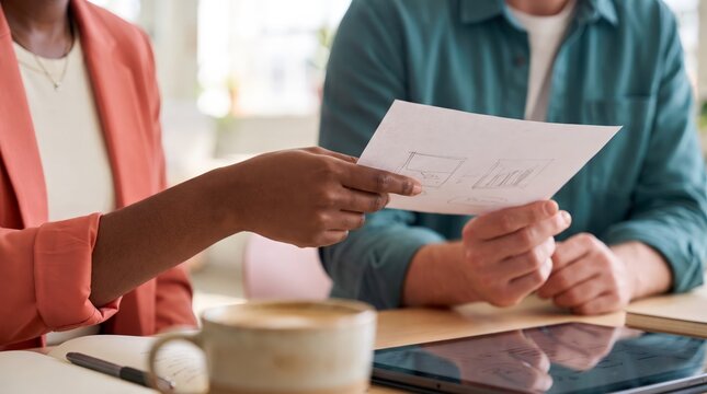 Young professionals reviewing business sketches