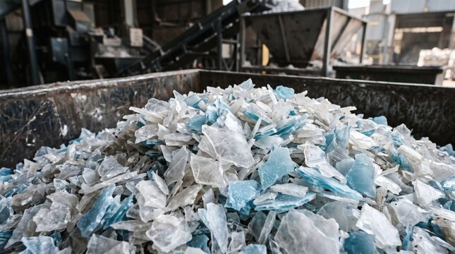 Pile of shredded plastic waste in industrial recycling facility.