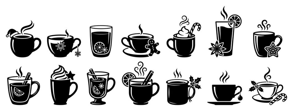 Winter hot drinks and Christmas beverages silhouette icon set isolated on white background vector