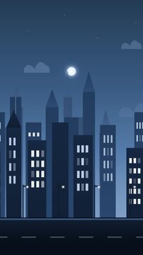 Minimalist city skyline illustration at night with skyscrapers moon and light trails. City parallax motion loop