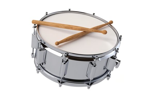 Snare drum with a pair of drumsticks on a white background