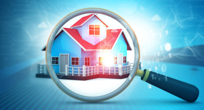 Magnifying glass hovering over a house icon representing property search and real estate evaluation.