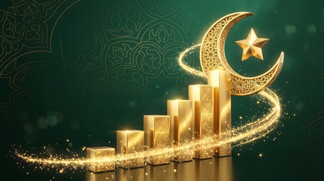 Golden crescent moon and star atop rising bar chart with ornaments.