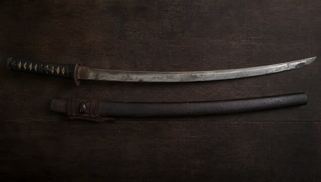 old katana sword on wood background