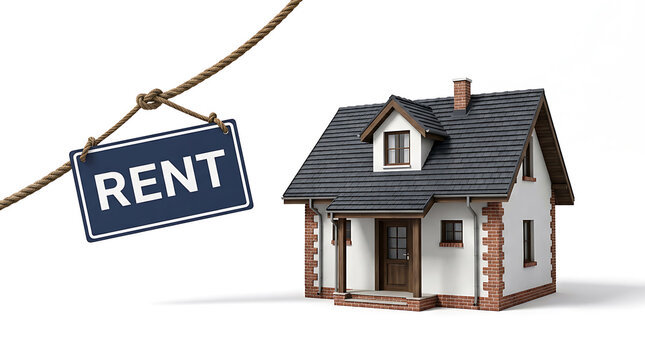 House for rent concept with a blue sign hanging from a rope against white
