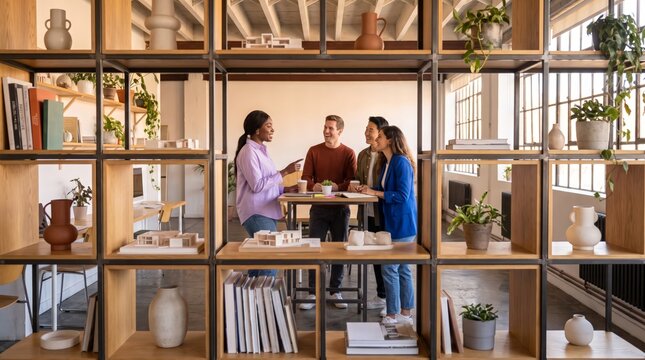 Design team chatting behind a shelving unit filled with models and books