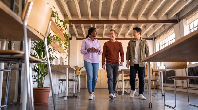 Startup coworkers walking through creative office