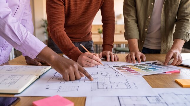 Close-up of hands sketching a floor plan with color swatches