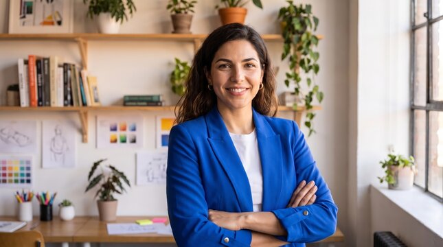 Portrait of a smiling design studio owner in a blue blazer