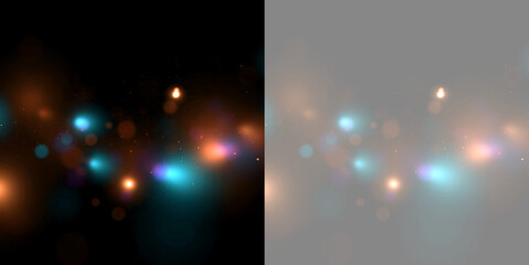 Glowing bokeh lights with sparkles on black and transparent background. Abstract magic dust overlay effect. Vector illustration © Pro_Light