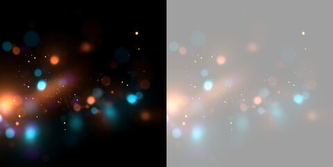 Abstract bokeh light trail with sparkling glitter. Glowing magic dust overlay on black and transparent background. Vector illustration © Pro_Light