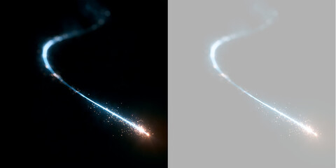Glowing blue light trail with sparkling golden embers. Magic wand effect and comet tail on transparent background © Pro_Light