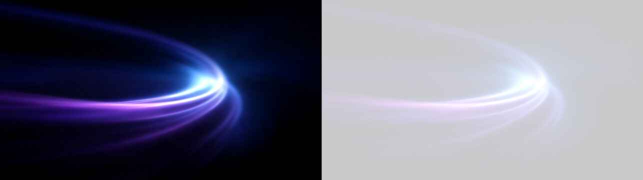 Curved neon light trail in blue and purple. Abstract glowing swoosh vector element. Transparent and black background options