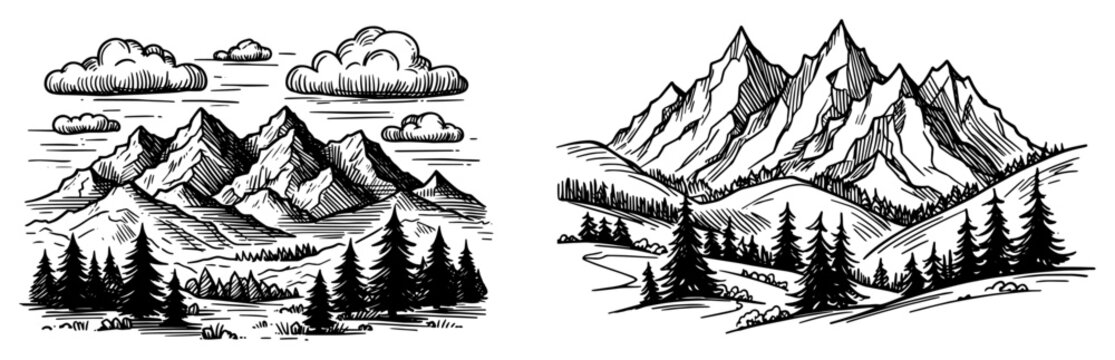 Mountain landscape panoramas with pine forest and rocky peaks in vintage engraving sketch vector style