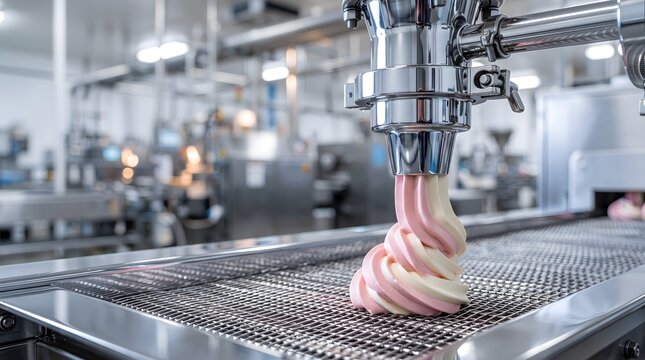 Industrial soft serve machine dispensing pink and white ice cream swirls.