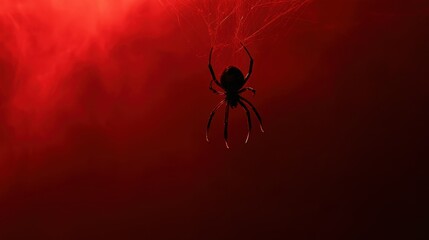 Obraz premium Close-up silhouette of spider hanging on web thread against deep red gradient background with dramatic lighting and shadow