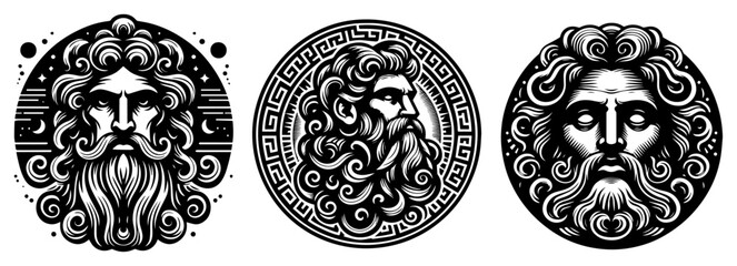 Zeus and Poseidon Greek god portraits in circular mythological medallions and meander frame vector style © Wera