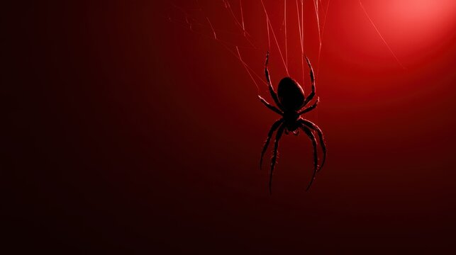 Dark silhouette of spider hanging on web thread with deep red gradient background spooky Halloween atmosphere