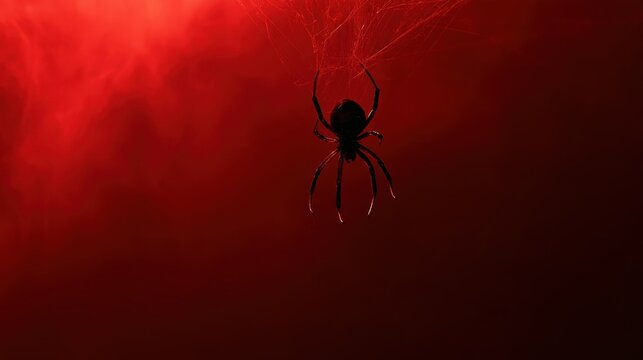 Close-up silhouette of spider hanging on web thread against deep red gradient background with dramatic lighting and shadow