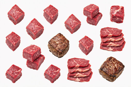 Assortment of fresh raw beef cubes and seared steak pieces isolated on a white background with raw meat