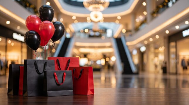 Red and black luxury shopping bags with bundle of balloons standing on wooden table in bright shopping center hall. Black Friday retail promotion discount poster banner concept visual.