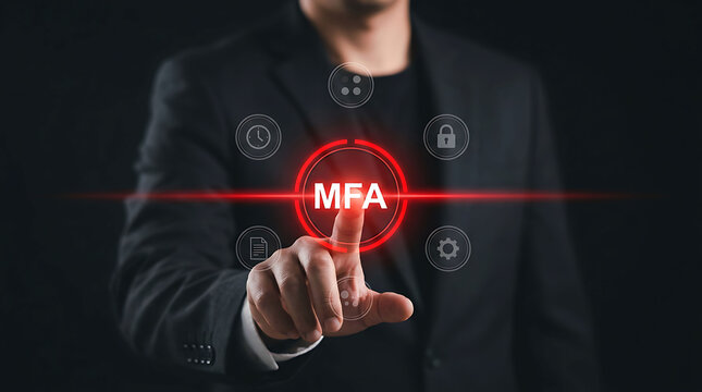 Businessman pressing MFA multi factor authentication button for cybersecurity