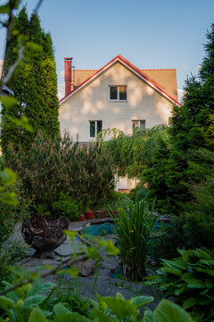 Charming garden view showcasing a cozy house surrounded by lush greenery