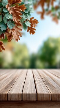 Orange and brown leaves swirl gracefully above a rustic wooden table in a peaceful and serene natural environment during autumn