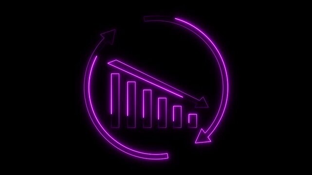 Bar chart animation displays a downward market line with arrows. Business financial trading loss reflects on this bar chart. Negative economic investment performance marks the bar chart.