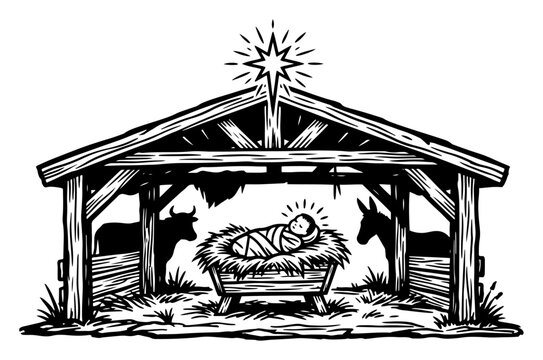 Baby Jesus in manger inside nativity stable with shining star in woodcut engraving style isolated on white background vector