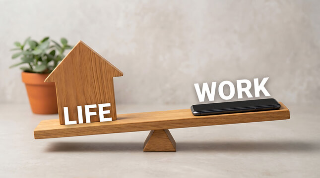 Work life balance concept with wooden house and smartphone on scale