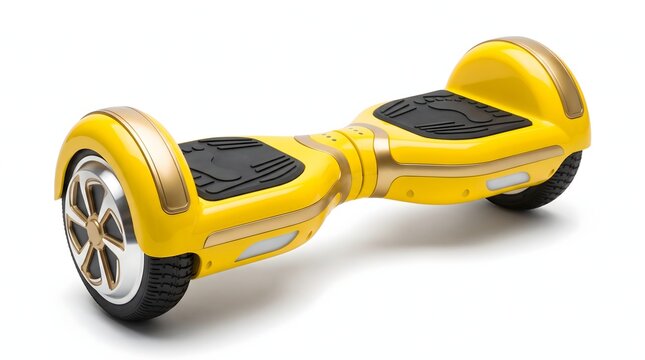 Yellow and gold self balancing electric hoverboard on white backdrop.