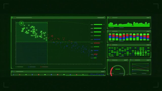 Abstract animated churn risk accounts flagging thresholds drawn as green and teal lines and shapes on a deep dark background. Seamless looping 4K motion graphics video with free space for text, ideal 