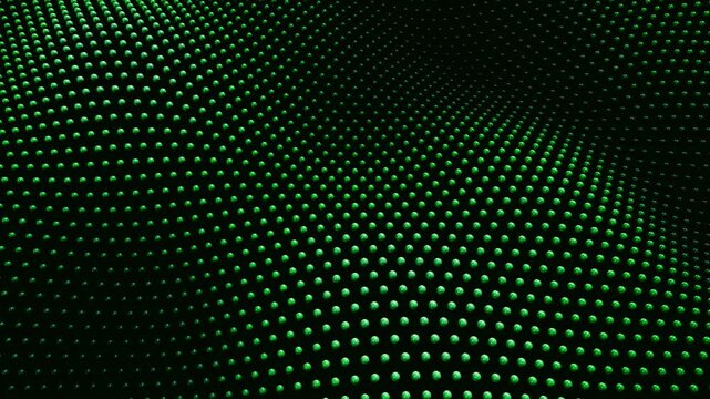 Cybernetic nano mesh grid undulating with luminous green beads in dark virtual space for futuristic big data computing