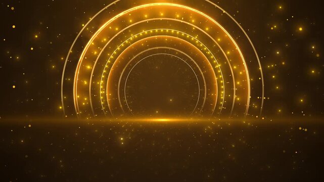 Glowing golden arches tunnel reflective stage sparkling particles float space. award ceremonies, product displays, luxury branding, winner reveals, gala events logo intros premium presentation openers