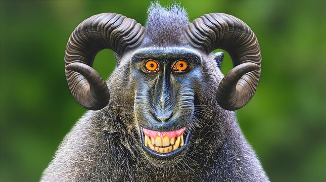 Surreal fantasy hybrid illustration of a monkey face with curved ram horns, intense yellow eyes, and exposed teeth against a soft green background, mystical digital creature concept.