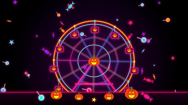 Neon Glowing Ferris Wheel with Floating Halloween Candies and Pumpkin Pods Animation Loop