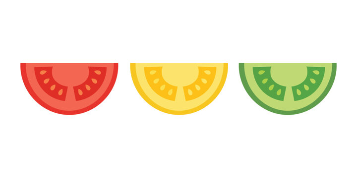 Set of three fresh tomato slices in red, yellow, and green colors, flat vector illustration