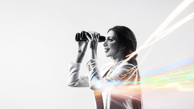  Signpost - business woman with binoculars where to look. Business analytics and strategic. Seeking a business concept for the digital and cyber sectors.