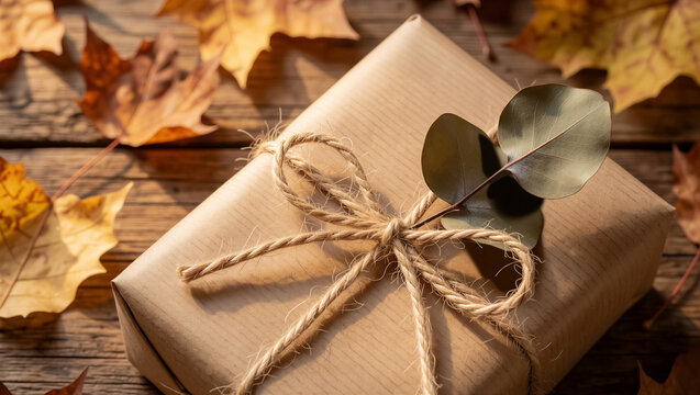 A beautifully wrapped autumn gift box tied with twine and eucalyptus, placed on a rustic wooden background with fall leaves. Perfect for holiday celebration