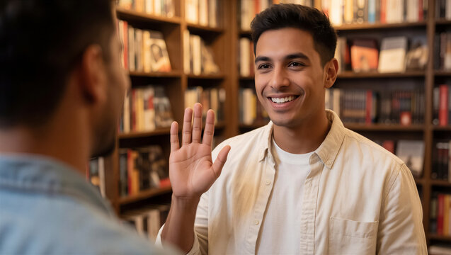 A smiling young man extends a friendly greeting, engaging in happy conversation at a modern bookstore. This vibrant image captures positive communication and connection