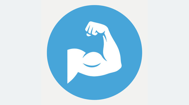 Minimalist circular icon featuring a flexed bicep silhouette representing strength power health and fitness training concepts