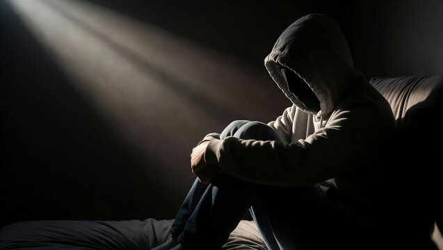 Lonely man in a hoodie sitting alone in a dark room. A single beam of light falls on the figure, depicting mental health struggle and deep depression