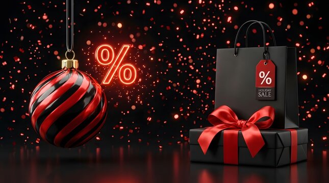 Holiday sale shopping concept with gift bag, present, and percentage sign